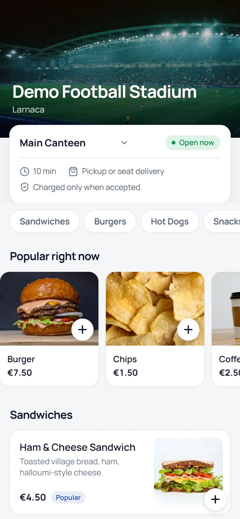 Customer menu on a phone: venue photo, canteen card and products with photos